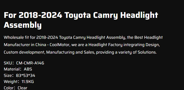 For 2018-2024 Toyota Camry Headlight Assembly