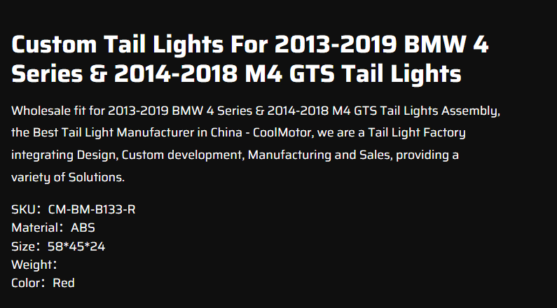 Custom Tail Lights For 2013-2019 BWM 4 Series &amp; 2014-2018 M4 GTS Tail Lights