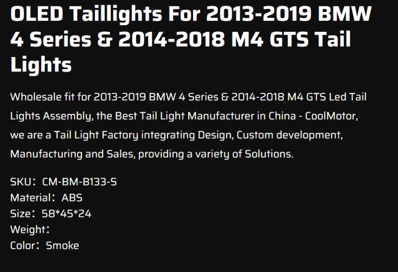 OLED Taillights For 2013-2019 BWM 4 Series &amp; 2014-2018 M4 GTS Tail Lights