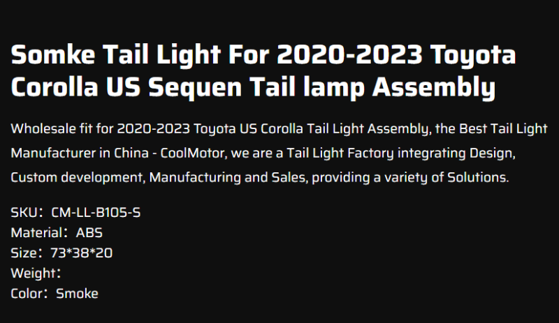Somke Tail Light For 2020-2023 Toyota Corolla US Sequen Tail lamp Assembly