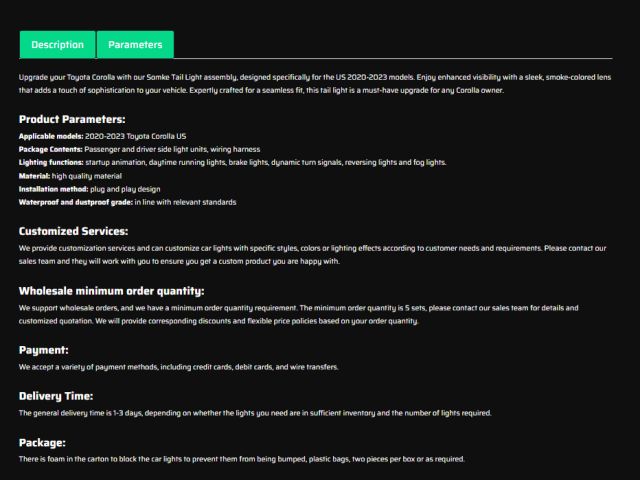 Somke Tail Light For 2020-2023 Toyota Corolla US Sequen Tail lamp Assembly