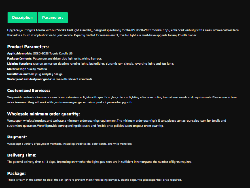 Somke Tail Light For 2020-2023 Toyota Corolla US Sequen Tail lamp Assembly