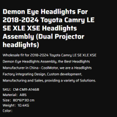 Demon Eye Headlights For 2018-2024 Toyota Camry LE SE XLE XSE Headlights Assembly (Dual Projector headlights)