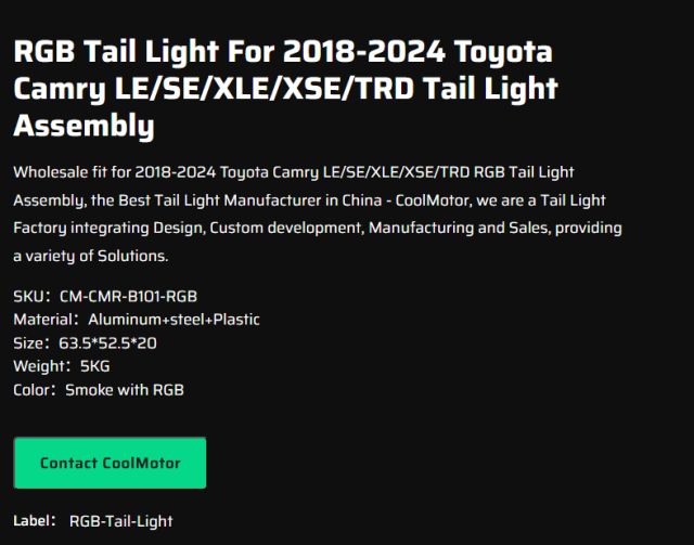 RGB Tail Light For 2018-2024 Toyota Camry LE/SE/XLE/XSE/TRD Tail Light Assembly