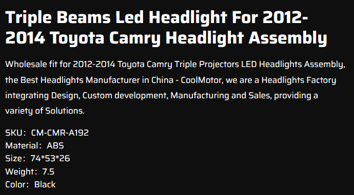 Triple Beams Led Headlight For 2012-2014 Toyota Camry Headlight Assembly