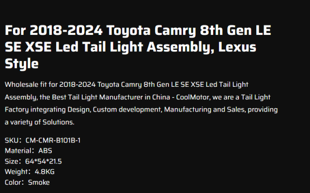 For 2018-2024 Toyota Camry 8th Gen LE SE XSE Led Tail Light Assembly, Lexus Style