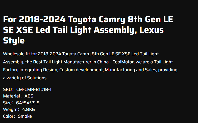 For 2018-2024 Toyota Camry 8th Gen LE SE XSE Led Tail Light Assembly, Lexus Style