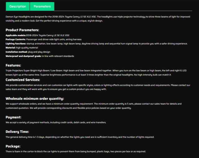 Demon Eye Headlights For 2018-2022 Toyota Camry LE SE XLE XSE Headlights Assembly (Triple Projectors headlights)