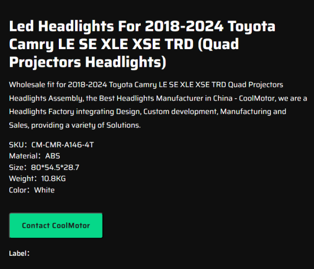 Led Headlights For 2018-2024 Toyota Camry LE SE XLE XSE TRD (Quad Projectors Headlights)