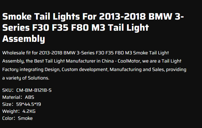 Smoke Tail Lights For 2013-2018 BWM 3-Series F30 F35 F80 M3 Tail Light Assembly