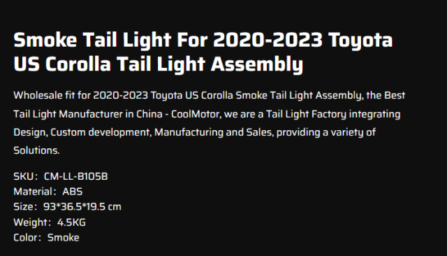Smoke Tail Light For 2020-2023 Toyota US Corolla Tail Light Assembly