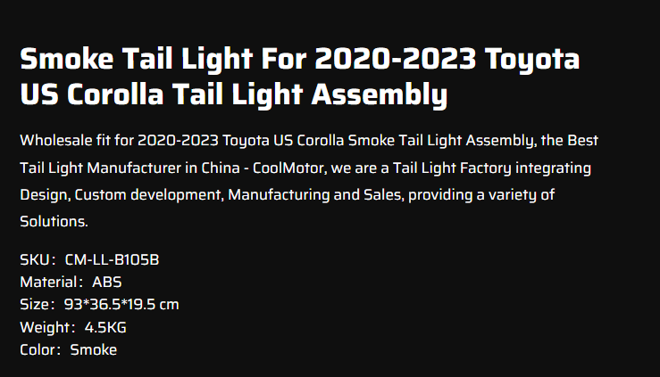 Smoke Tail Light For 2020-2023 Toyota US Corolla Tail Light Assembly