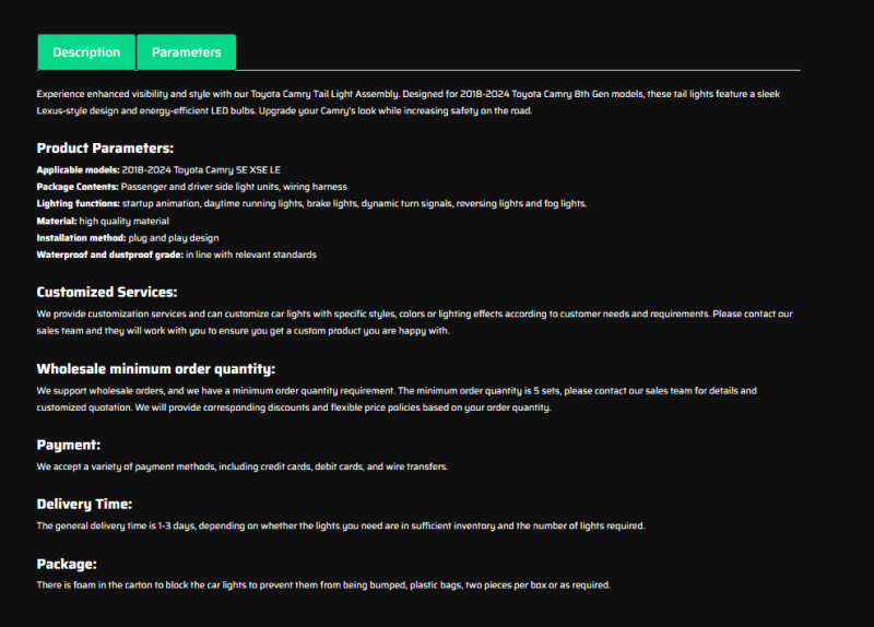 For 2018-2024 Toyota Camry 8th Gen LE SE XSE Led Tail Light Assembly, Lexus Style