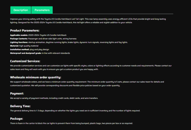 Led Tail Light for 2020-2024 Toyota US Corolla Hatchback Rear Lamp Assembly