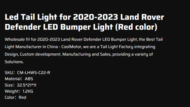 Led Tail Light for 2020-2023 Land Rover Defender LED Bumper Light (Red color)