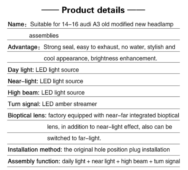 Auto Lighting Systems Auto Parts Headlights Suitable for 13-17 audi A3 Old Modified New LED Headlamp Assemblies