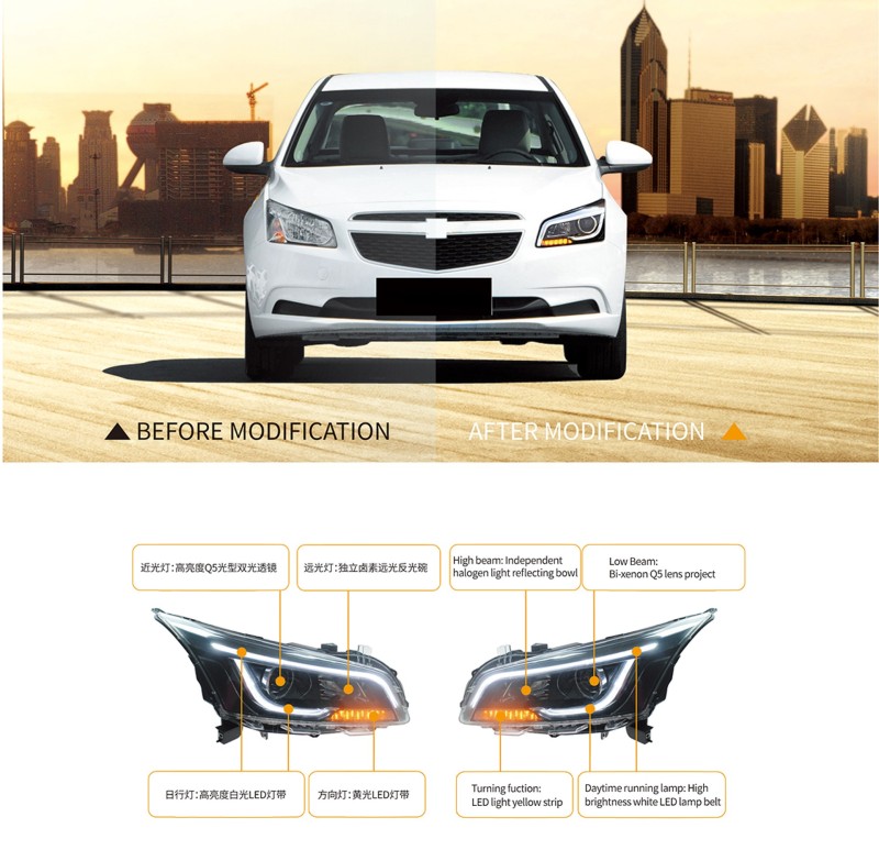 Upgrade the original low-end headlights to high-end xenon headlights FOR 15-16 CLASSIC CRUZE