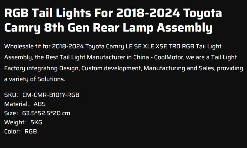 RGB Tail Lights For 2018-2024 Toyota Camry 8th Gen Rear Lamp Assembly