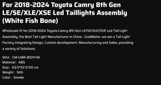 For 2018-2024 Toyota Camry 8th Gen LE/SE/XLE/XSE Led Taillights Assembly (White Fish Bone)