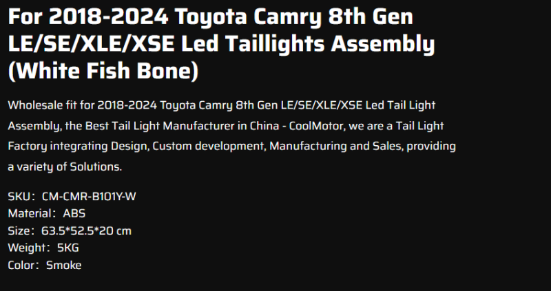 For 2018-2024 Toyota Camry 8th Gen LE/SE/XLE/XSE Led Taillights Assembly (White Fish Bone)