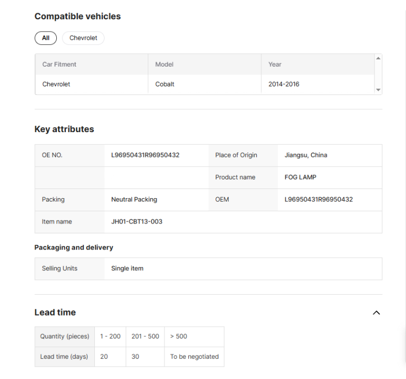 Chevrolet  ​Cobalt CARVAL JH BODY PARTS AUTO LAMPS FOG LAMP for COBALT 13 AUTO BUMPERS L96950431R96950432 JH01-CBT13-003