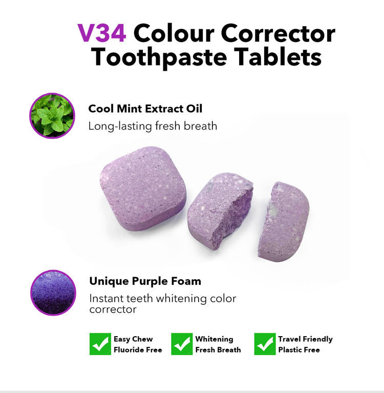 Wholesale 30pcs Vegan Teeth Brightening Toothpaste Tabs Travel Friendly Fresh Breath V34 Purple Toothpaste Tablets