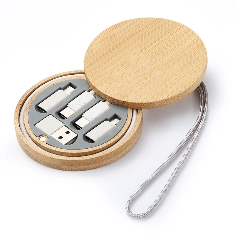 Wholesales Custom Wheat Straw 6in1 Micro Usb Type C 60W Fast Charging Data Cable Bamboo Storage Box All In One Phone Charger Kit