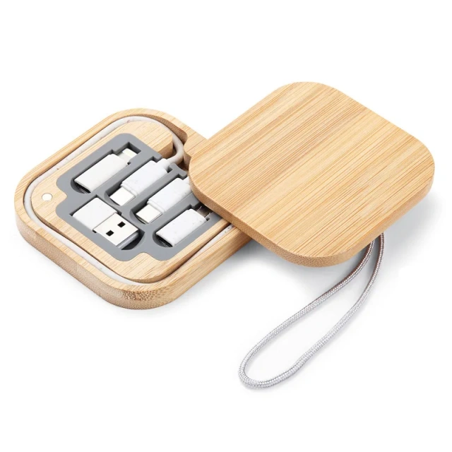 Wholesales Custom Wheat Straw 6in1 Micro Usb Type C 60W Fast Charging Data Cable Bamboo Storage Box All In One Phone Charger Kit