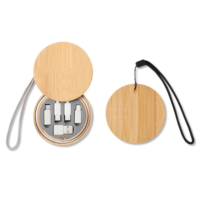 Wholesales Custom Wheat Straw 6in1 Micro Usb Type C 60W Fast Charging Data Cable Bamboo Storage Box All In One Phone Charger Kit