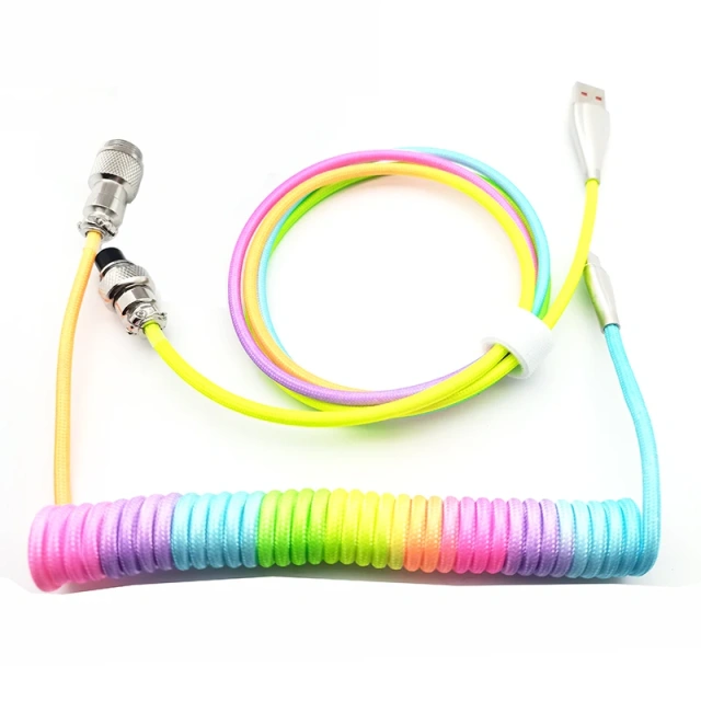 Custom 11FT 3.3Meter Colorful Nylon Braided Spring Metal GX16 Aviator USB C Cable Coiled KeyBoard Cable For Mechanical Keyboard