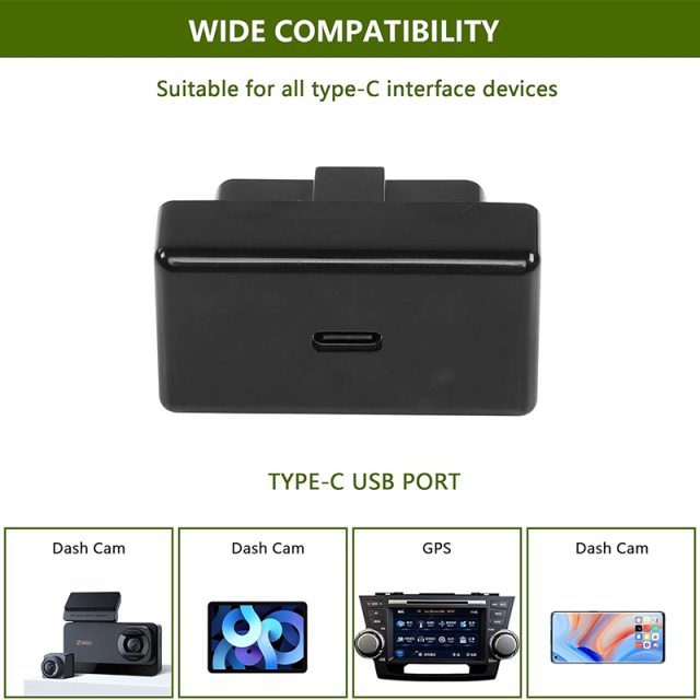J1962 OBD2 Male to PD 30W Type-C Female Power Adapter Charger for Dash Camera GPS Mobile Phones Tablets DVR Radar Detector