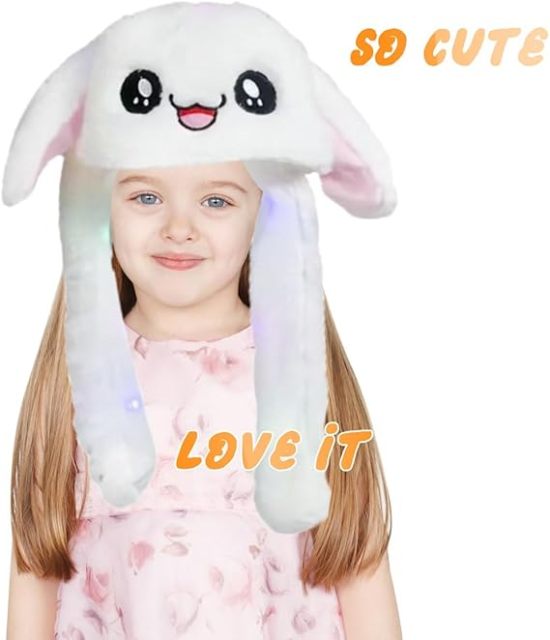 Kawaii Funny Plush Bunny Moving Jumping Rabbit Cute Unisex Animal Ear Flap Hat With LED Lights,KingKong Toys