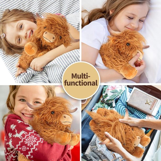 Highland Cow Stuffed Animals Microwavable Heating Pad Soft Fluffy Realistic Cow Plush Toy for Anxiety,KingKong Toys