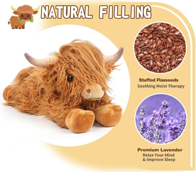 Highland Cow Stuffed Animals Microwavable Heating Pad Soft Fluffy Realistic Cow Plush Toy for Anxiety,KingKong Toys