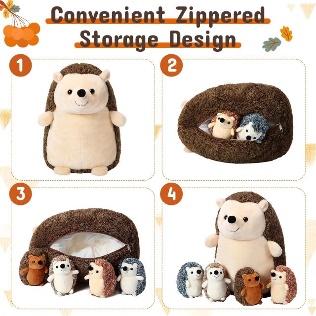 Hedgehog Stuffed Animal Large Mommy Hedgehog Plush Toys with 4 Baby Soft Cuddly Plushie Toy Sets for Birthday Gifts,KingKong Toys