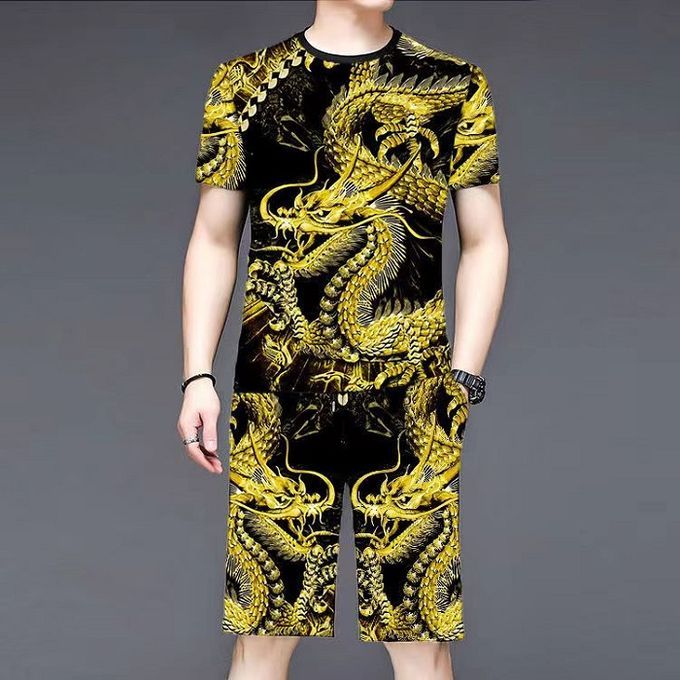 Men's Summer Short Sleeve T-shirt Shorts Dragon Pattern Plus Size Two Piece Set