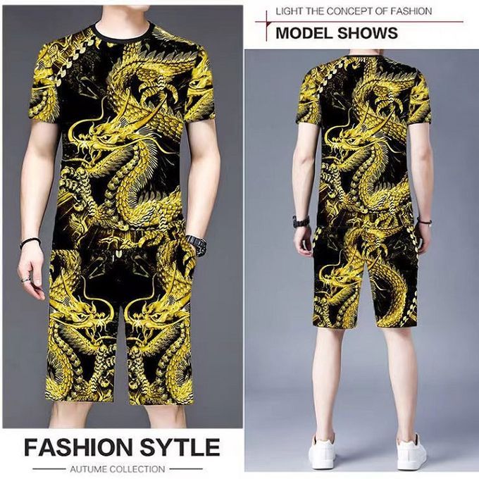 Men's Summer Short Sleeve T-shirt Shorts Dragon Pattern Plus Size Two Piece Set