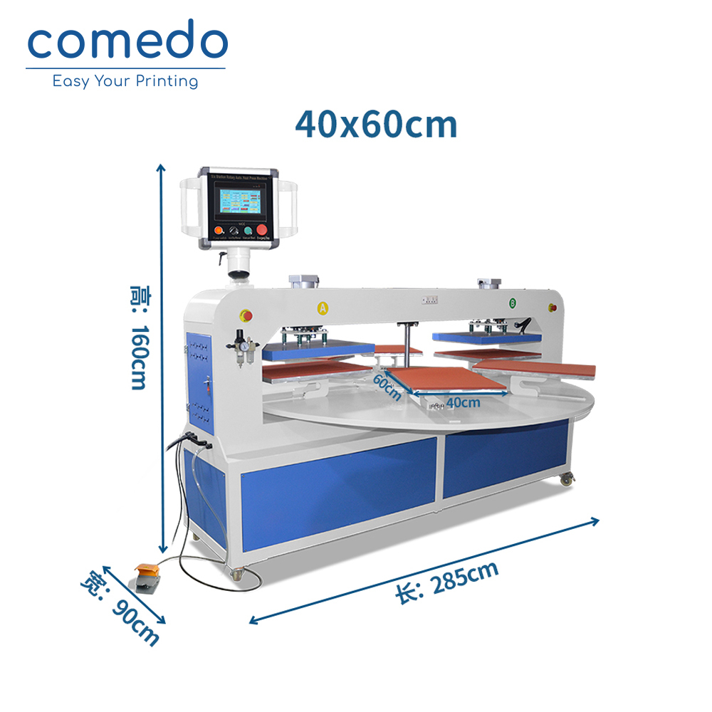 Pneumatic 6 Pallets Automatic Rotary Heat Press Two Heater  with PLC digital screen for T-shirt Cloth