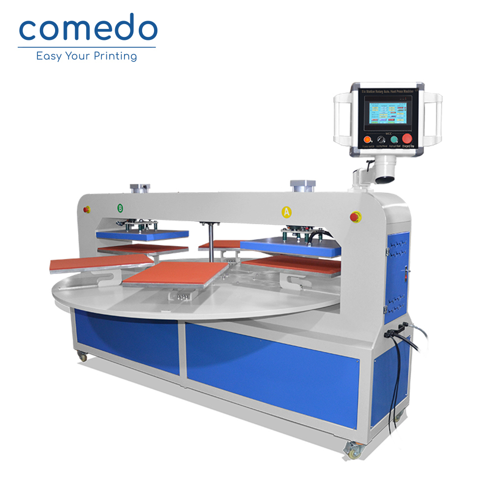Pneumatic 6 Pallets Automatic Rotary Heat Press Two Heater  with PLC digital screen for T-shirt Cloth