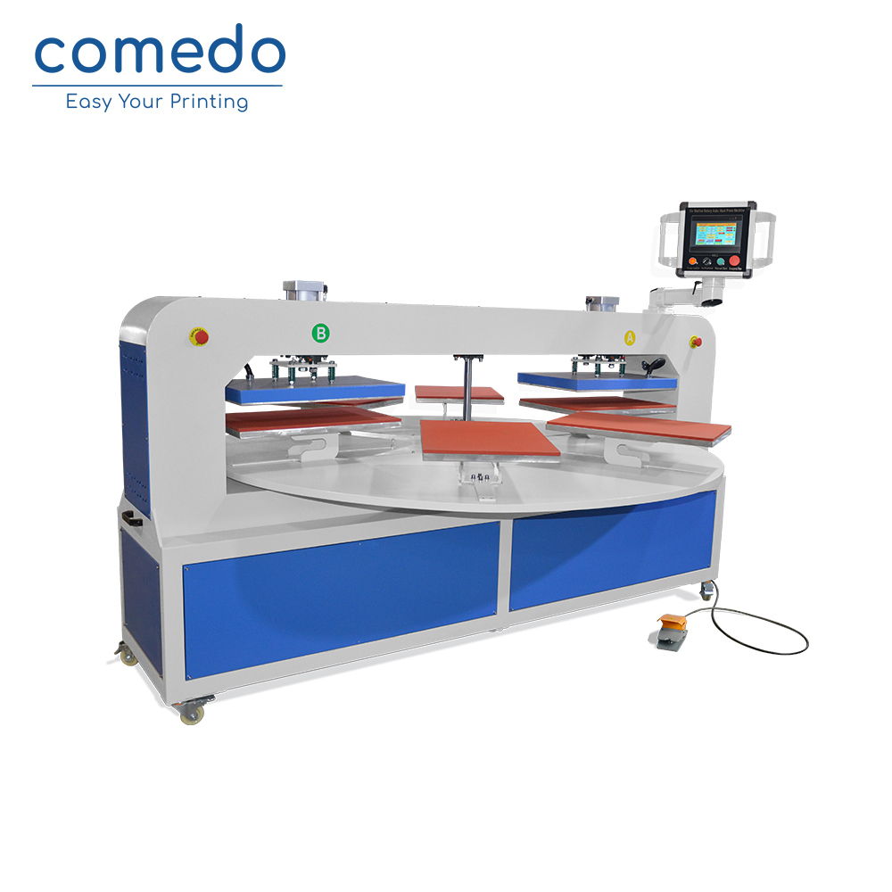 Pneumatic 6 Pallets Automatic Rotary Heat Press Two Heater  with PLC digital screen for T-shirt Cloth