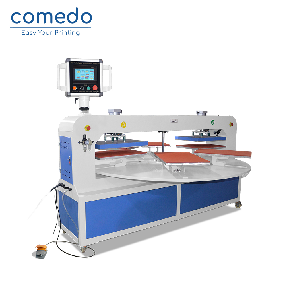Pneumatic 6 Pallets Automatic Rotary Heat Press Two Heater  with PLC digital screen for T-shirt Cloth