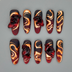 Vermilion Edict long coffin press-on nails with saturated vermilion red glossy finish