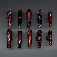 Forbidden Love long coffin press-on nails with deep burgundy glossy finish, black lace patterns, and metallic rose embellishments