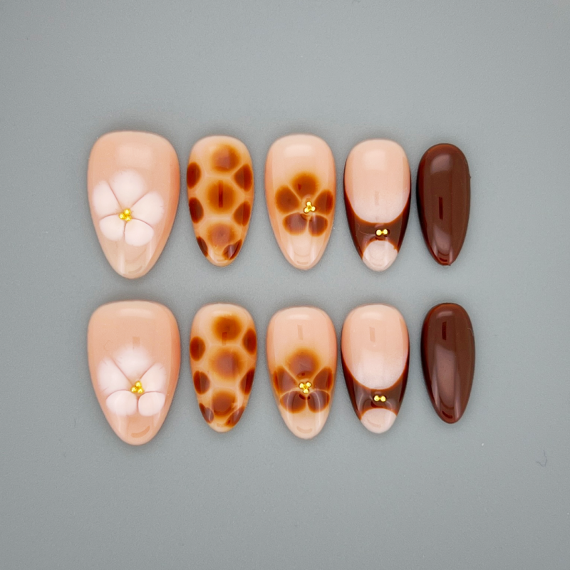 Auburn Petal short almond press-on nails with rich warm auburn glossy finish