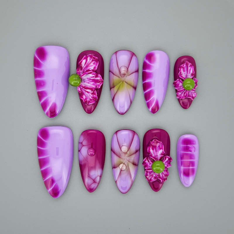 Festa Violeta medium almond press-on nails with deep vibrant violet glossy finish