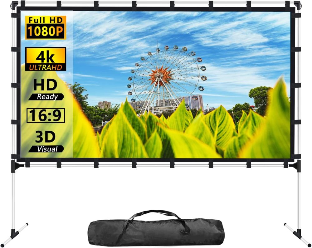 XHYCPY 120 Inch Projector Screen and Stand Portable Front Rear Projection Screen 16:9 HD 4K Foldable Movie Screen with Carry Bag for Outdoor Indoor Home Theater Backyard Cinema Travel