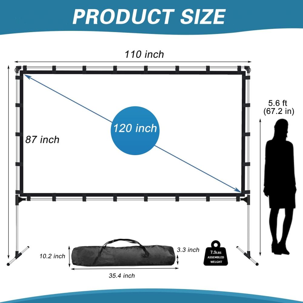 XHYCPY 120 Inch Projector Screen and Stand Portable Front Rear Projection Screen 16:9 HD 4K Foldable Movie Screen with Carry Bag for Outdoor Indoor Home Theater Backyard Cinema Travel
