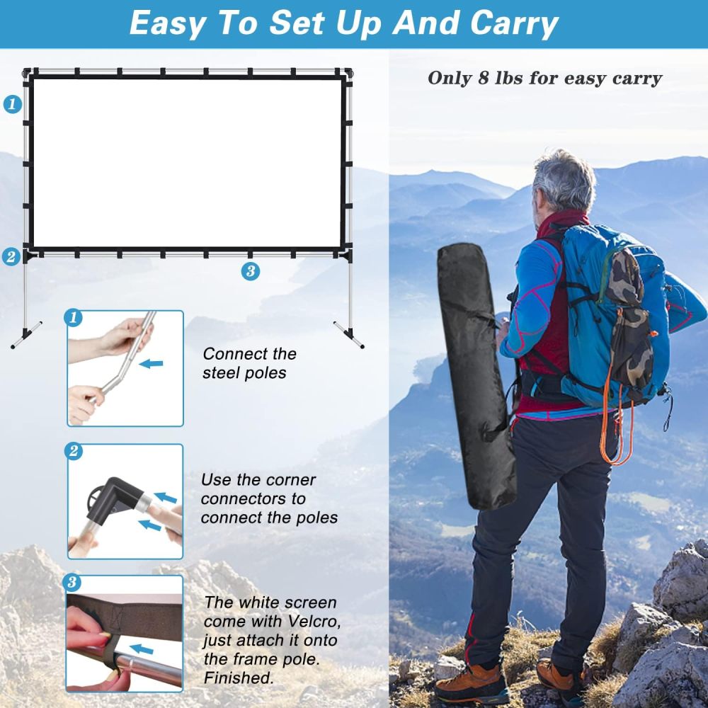 XHYCPY 120 Inch Projector Screen and Stand Portable Front Rear Projection Screen 16:9 HD 4K Foldable Movie Screen with Carry Bag for Outdoor Indoor Home Theater Backyard Cinema Travel