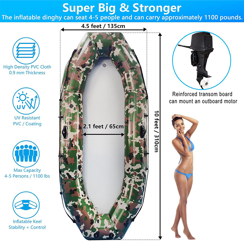XHYCPY 10 feet Inflatable Sport Boats for Adults, 4-5 Person Fishing Dinghy Boat - Rafting Tender with Inflatable Cushion & Paddle - Folding Portable Kayak for Touring, Floating on Rivers Lakes