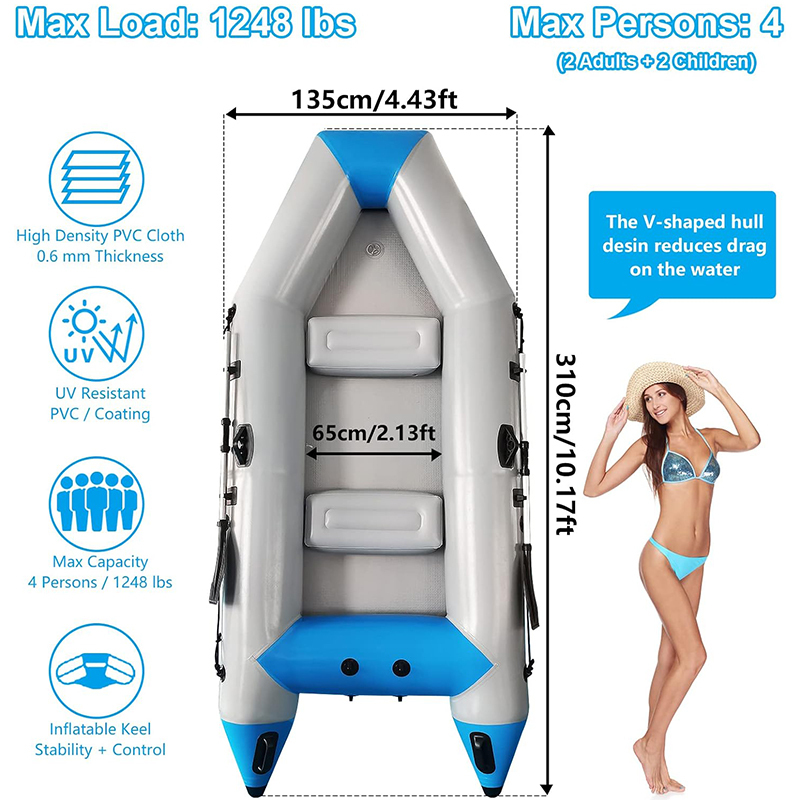 XHYCPY 10 ft Dinghy Boats, 4 Person Inflatable Fishing Kayak Raft Sport Boat for Adults with Paddles Air Pump Carry Bag